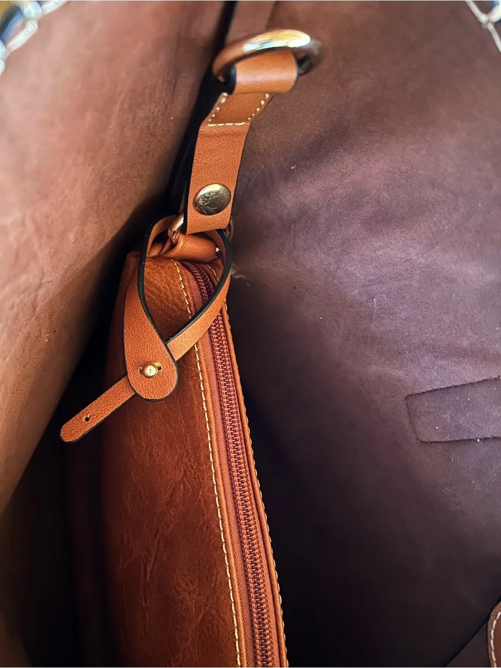 Natural Brown Vegan Leather Shoulder Bag w/large accessory bag 12”x 16” Pristine